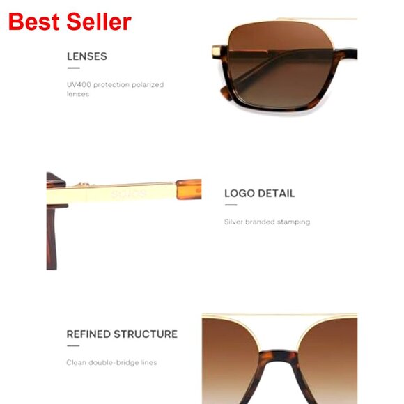 Polarized Aviator Sunglasses Oversized Square Frame UV400 Protection